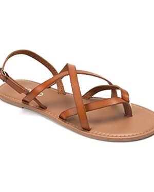 Colgo Women's Summer Strappy Flat Sandals, Adjustable Casual Fisherman Sandal with Open Toe Slingback Gladiator Sandals (7.5,Brown)