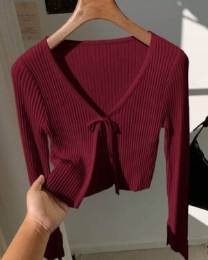 SHEIN | Burgundy Ribbed Tie-Front Knit Cardigan Sweater