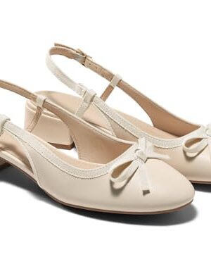 Coutgo Womens Chunky Low Heels Slingback Ballet Bow Pumps Closed Toe Wedding Dress Shoes, Beige, Size 6