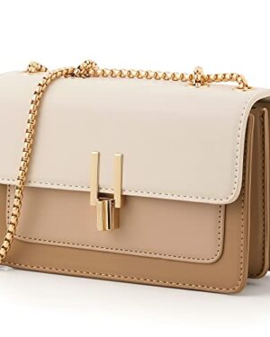 Crossbody Bags Cute Faux Leather Trendy Cross Body Purses for Women Small Color-Block Designer Handbags Ladies Satchel Chain Strap Shoulder Bag Beige White