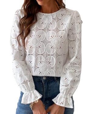 CUPSHE Women's Lace Eyelet Puff Sleeve Blouse White L