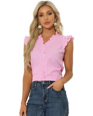 DARING DIVA Women's Cap Sleeve Plaid Gingham Ruffle Blouse XS Pink
