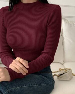 SHEIN | Burgundy Ribbed Knit Sweater | Long Sleeve Mock Neck Pullover for Women