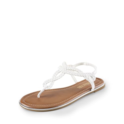 DREAM PAIRS Women's Flat T-Strap Dressy Sandals,White,6