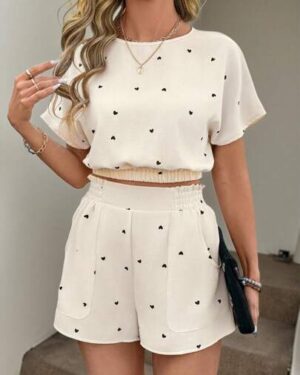 Easowa 2pcs Spring Drawstring Shirt And Shorts Set, Apricot Base With Black Heart Decor, Suitable For Dating And Valentine's Day