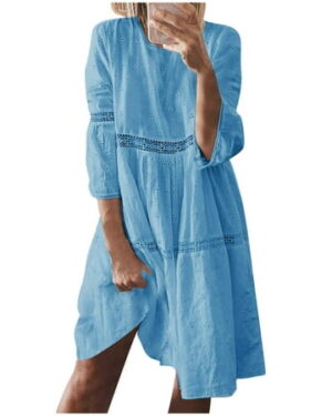 Efsteb Summer Dresses 2025 Womens Lace Eyelet Embroidery Dresses 3/4 Trumpet Sleeve Crochet Spliced A Line Flowy Boho Midi Dress (Light Blue,L)