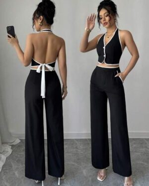 Elenzga 2pcs Commuting Women Plain Cropped Sleeveless Top And Pants Set