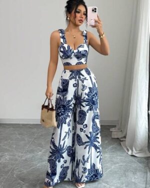 Elenzga Bohemian Blue & White Print Camisole Top With Tie Straps And Straight Leg Pants, 2 Pieces Vacation Outfit