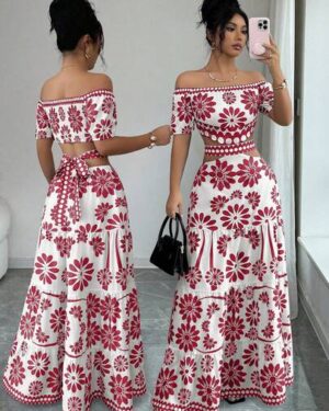 Elenzga Women's Floral Print Off-Shoulder Backless Twist Design Elegant Waist Cinched Long Party Dress