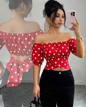 Elenzga Women's Polka Dot Tie Bow Off-Shoulder Design Short Casual Elegant Blouse, Suitable For Outings, Gatherings, Daily Wear, Spring/Summer