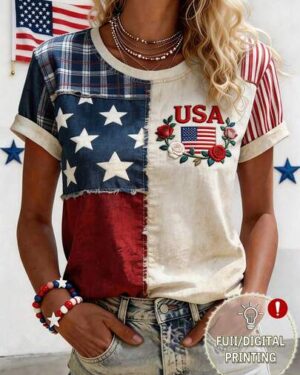 EMERY ROSE Women's Retro American Flag Print Patchwork T-Shirt
