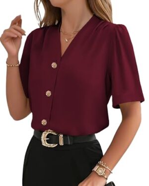 Amazon | Women's V-Neck Button Front Blouse – Elegant Short Sleeve Work Office Top