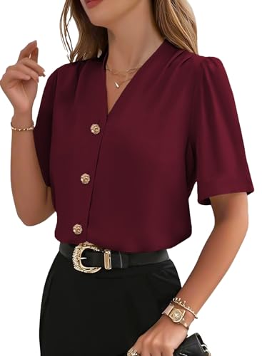 EVALESS Business Casual Tops for Women Button Down Shirts,Burgundy,Medium