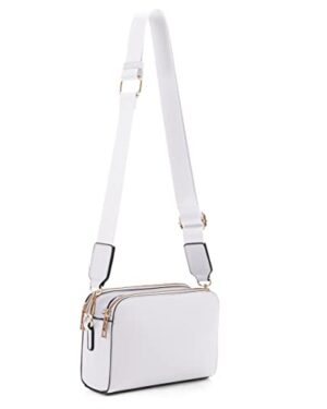 EVVE Crossbody Bags for Women Trendy Triple Zip Small Crossbody Camera Bag Purse with Wide Guitar Strap | White