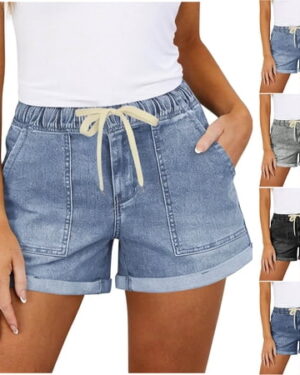 FAIWAD Womens Jean Shorts Summer Casual Drawstring Elastic Waist Denim Shorts with Pockets Loose Cuffed Jean Shorts
