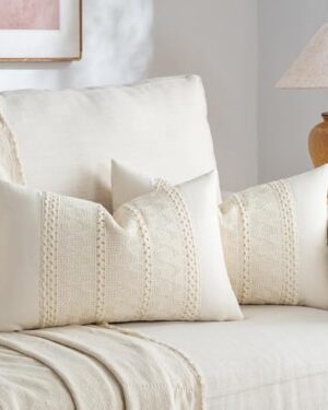 Amazon | Set of 2 Boho Cream Lumbar Decorative Throw Pillow Cover