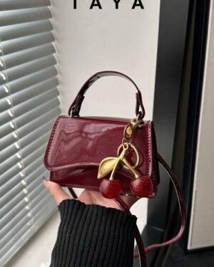 SHEIN | Burgundy Patent Leather Mini Top Handle Crossbody Bag with Cherry Charm