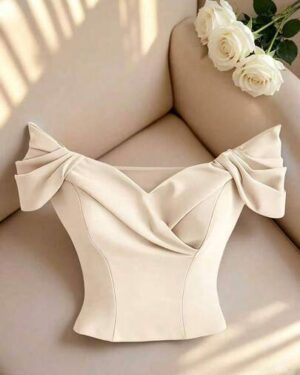 Fine & Folde Women's Elegant French Style Blue Cropped Top With Pleated Design, Waist Cinching, Slimming, Fashionable, High-End, Refined, Summer