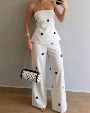 Firerie Women's White With Black Polka Dots,Summer,Casual,Holiday,Vacation,Holiday Ruffle Tube Top And Elastic Waist Pants Two Pieces Set,Boho Beach Outfit