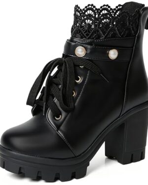 FOREADA Platform Boots Goth Combat Boots for Women Black Chunky Heel Ankle Booties Bead Lace Victorian Boot Bead Punk Gothic Shoes Lolita Dress Shoes With Zipper