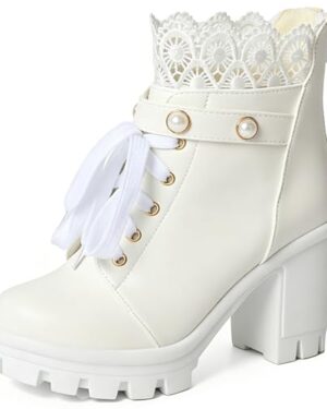 FOREADA Platform Boots Goth Combat Boots for Women White Chunky Heel Ankle Booties Bead Lace Victorian Boot Bead Punk Gothic Shoes Lolita Dress Shoes With Zipper