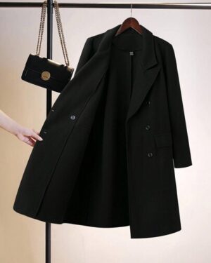 SHEIN | Black Long Wool Coat | Classic Double-Breasted Winter Overcoat for Women