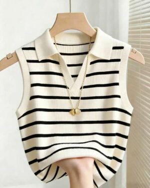 Franclia Women's Casual Elegant Knitted Collared Striped Tank Top