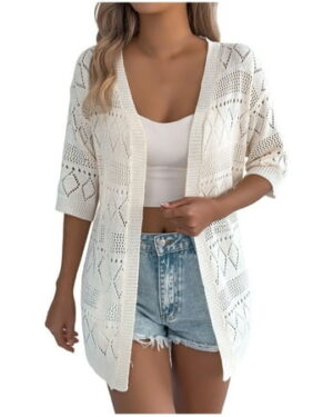 FRSASU Women's Crochet Hollow Out Knit Oversized Sweater Top 3/4 Sleeve Lightweight Open Front Cardigan White