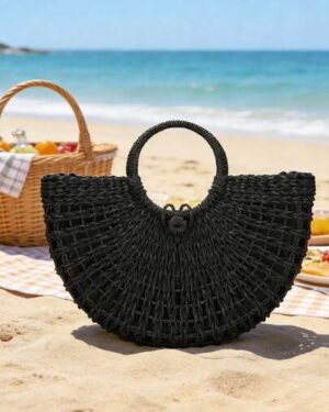 Gets Straw Bags For Women,Hand-Woven Straw Top-Handle Bag With Round Ring Handle Summer Beach Rattan Tote Handbag
