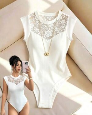 GlowEve Women's Round Neck Elastic Lace Romantic Feminine Elegant Date White Rose Lace Camisole Button Bodysuit, Suitable For Daily Outings, Beach, Western Theme Cruise, Holiday...