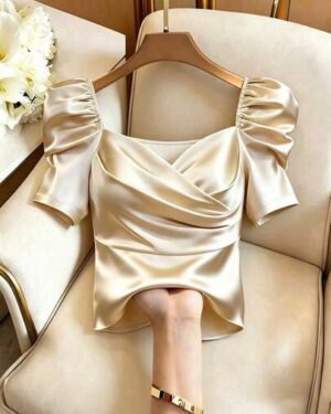 GlowEve Women's Solid Satin Cinched Waist Puff Sleeve Blouse,Champagne Gold Summer Elegant Party French Retro Versatile Vacation Date Shirt