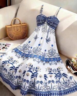 GlowEve Women's White And Blue Floral Summer Boho Beach Vacation Holiday Holiday Spaghetti Strap Tie Waist A-Line Maxi Dress,Elegant French Retro Sleeveless