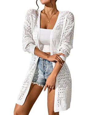 GORGLITTER Women's Crochet Long Cardigan Lace Duster Lightweight Open Front Cute Dressy Fall Sweaters 2026 White Medium