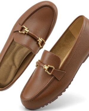 Amazon | Women's Brown Leather Loafers – Classic Slip-On Flats for Work, Casual & Business Casual Outfits
