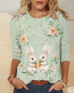 HOMBOM 3/4 Sleeve Tops for Women Summer Easter T-Shirts Bunny Print Casual Crew Neck Young Womans Graphic Tees