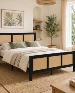 Amazon | Rattan Full Bed Frame with Headboard and Footboard, Boho Metal Platform Bed