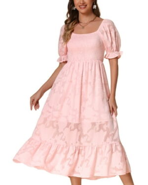 INSPIRE CHIC Women's Dress Floral Textured Flowy Tiered Midi Dresses Short Puff Sleeve Smocked Square Neck Dress M Light Pink