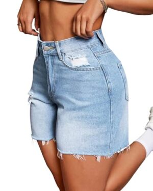 IWD Jean Shorts Womens High Waisted Ripped Casual Denim Shorts Stretchy Raw Hem Jorts 2026 Summer Trendy (Light Blue, Large)