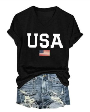 KALE Short Sleeve Shirts for Women Women's USA Flag T V Neck American Graphic Tees Casual 4th Of July Patriotic Tshirt Tops V Neck Tops Black