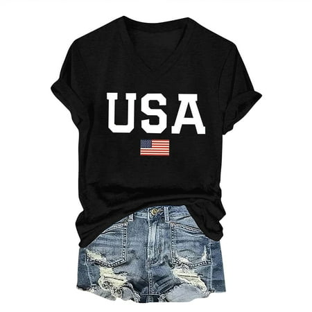 KALE Short Sleeve Shirts for Women Women's USA Flag T V Neck American Graphic Tees Casual 4th Of July Patriotic Tshirt Tops V Neck Tops Black