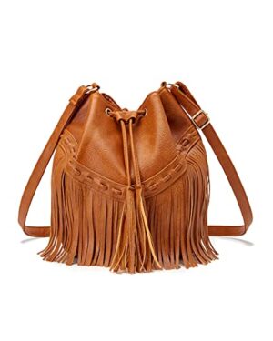 Leather Bucket Bags for Women Crossbody Fringe Purses with Drawstring Ladies Tassel Hobo and Shoulder Handbags Brown
