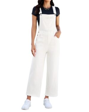luvamia Wide Leg Overalls for Women Denim Loose Fit Baggy Bib Adjustable Cropped Casual Stretchy Jean Jumpsuit Overall Cream White Size Large Fits US 12-14