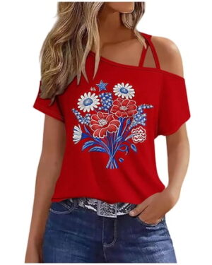 LYEAA Short Sleeve Tops for Women 4th of July American Flag T Shirts Patriotic Red White Blue One Shoulder Tees Independence Day Shirts