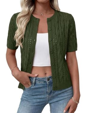 MASCOMODA Women Summer Cable Knit Crochet Cardigan Sweaters Casual Button Short Sleeve Sweater Cute Beach Hollow Out Knit Top(Army Green,Medium)