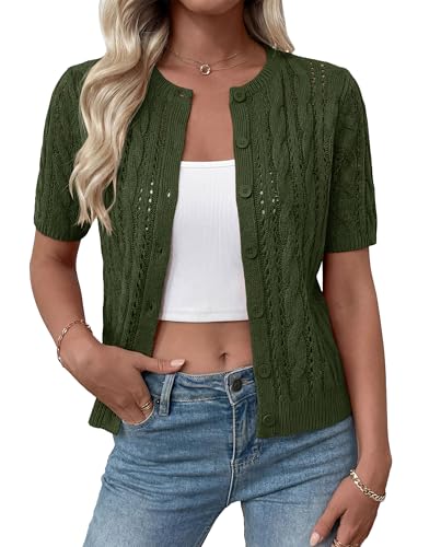 MASCOMODA Women Summer Cable Knit Crochet Cardigan Sweaters Casual Button Short Sleeve Sweater Cute Beach Hollow Out Knit Top(Army Green,Medium)