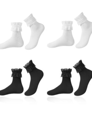 Meameii White & Black Lace Ruffle Socks 4-Pack, Cute Frilly Socks, Ruffled Sock with Lace, Coquette Fashion Sock for Everyday