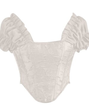 Meichang Satin Corset Tops for Women Solid Low Neck Ruffle Short Sleeve Bustier Crop Tops Fishbone Lace-up Back Corset