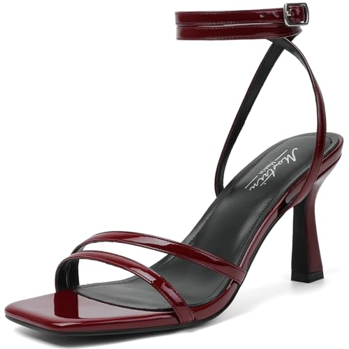 Mostrin Dark Red Womens Strappy Lace Up Ankle Strap Heels - Burgundy Open Toe Square Heels - Stiletto High Heeled Sandals for Wedding, Prom, Party & Daily Wear - Size 8