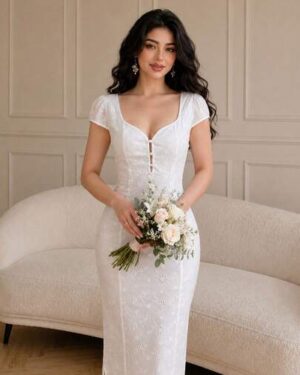 Mulvari Women's White Embroidery Lace Short Sleeve Mid Dress,Eyelet Lace Trim Elegant Graduation Wedding Beach Boho Summer&Spring Holiday Tea Party Outfits