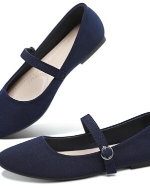 Obtaom Mary Jane Flat Shoes Round Toe Ballet Flats for Women Dressy Fabric Business Flats Comfortable Classic Strap Flats for Office(Navy,US7)